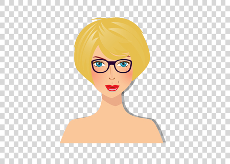 Beautiful blonde girl with blue eyes and glasses with magnificent bob hairstyle yellow color hair portrait isolated on transparent backgroundのイラスト素材