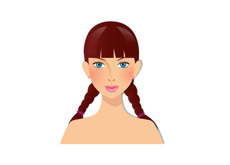 Beautiful girl with blue eyes and brown hair carelessly braided plaits. Cute cartoon girl character portrait for avatar isolated on white background.のイラスト素材