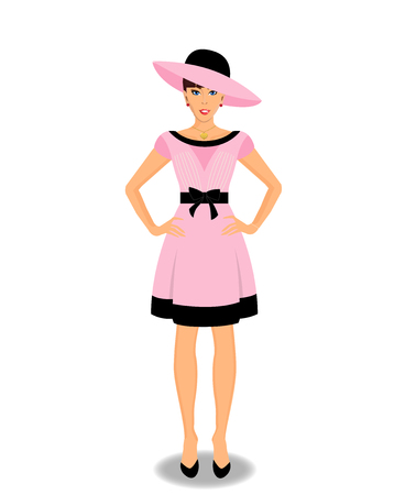 Vector beautiful young woman cartoon character wearing pink dress and hat isolated on white background. Fashioned full-length elegant girl in rose clothes.のイラスト素材