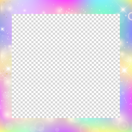 Magic frame with rainbow mesh and space for text. Cute universe banner in princess colors, fantasy gradient backdrop with hologram. Holographic magic background with fairy sparkles, stars and blurs.のイラスト素材
