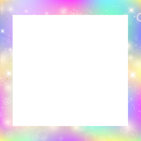 Magic border with rainbow mesh and space for text, cute universe banner in princess colors. Fantasy gradient backdrop with hologram. Holographic magic background with fairy sparkles, stars and blurs.のイラスト素材