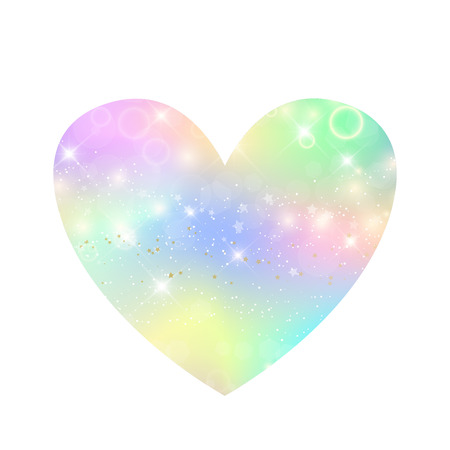 Heart with rainbow mesh heart icon, universe clip art in princess colors. Fantasy gradient icon with hologram. Holographic unicorn heart label with magic sparkles, stars and blurs.のイラスト素材