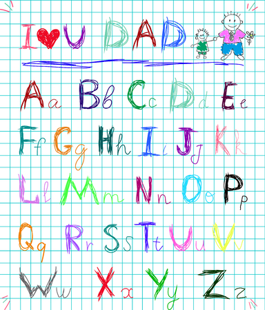 Multicolored baby sketch hand drawn doodle alphabet letters on squared notebook page isolated vector illustration with I love you dad headline and child's picture of daddy and boy.のイラスト素材