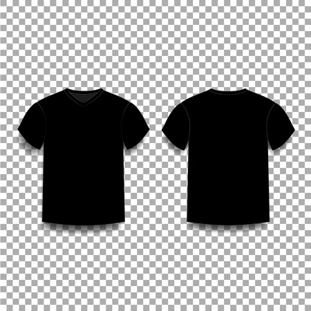 Black men's t-shirt template v-neck front and back side views. Vector of male t-shirt wearing illustration isolated on transparent background.のイラスト素材