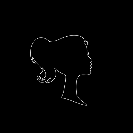 White profile outline silhouette of young girl or woman head, face profile, vignette. vector contour illustration isolated on black background. Design for invitation, greeting card, vintage style.のイラスト素材
