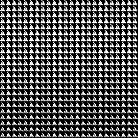 Seamless sea pattern with white sailing ships on black background. Nautical baby wallpaper pattern with contour boats on ocean waves. Vector illustration, yacht print for wrapping paper or fabric.のイラスト素材