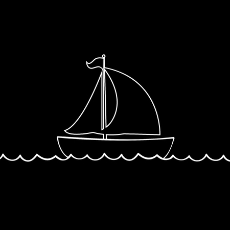 Vector white contour outline silhouette illustration of sailing ship transportation floating on sea waves. Yacht boat icon isolated on black background.のイラスト素材