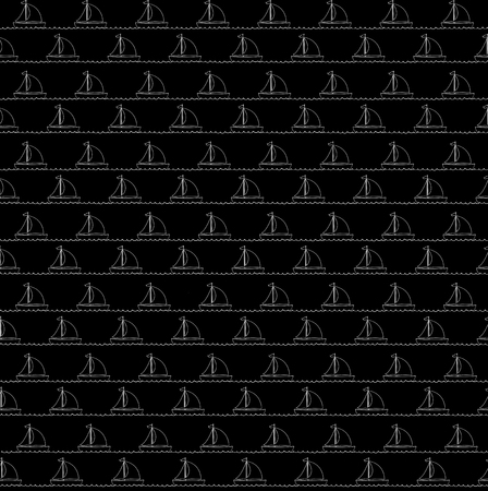 Seamless sea pattern with white sailing ships contour on black background. Nautical baby wallpaper...