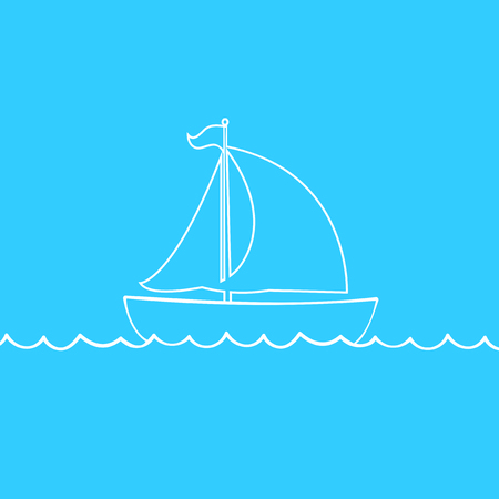 Vector white contour outline silhouette illustration of sailing ship transportation floating on sea waves. Yacht boat icon isolated on blue background.のイラスト素材