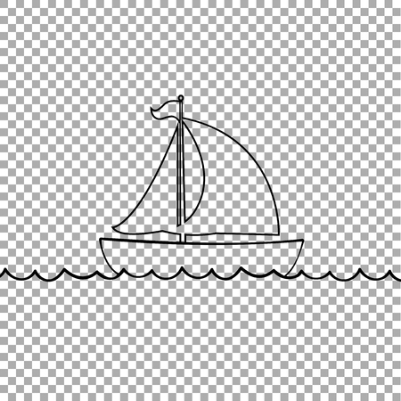 Vector black contour outline silhouette illustration of sailing ship transportation floating on sea waves. Yacht boat icon isolated on transparent background.のイラスト素材