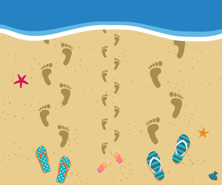 Family at the sea. Top view of three footprints path at sandy beach walking into the water and flip flops nearby. Mother, father and child on summer vacarion at the ocean seaside. Vector illustration.のイラスト素材