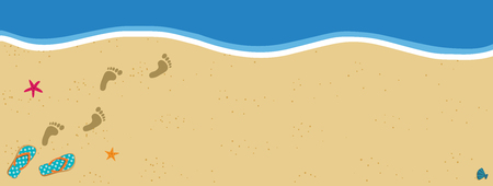 Summer vacation vector banner border frame with pair of flip flops and human barefoot foot prints on sand going into water. Sandy sea beach with footprints and shells template with copy space.