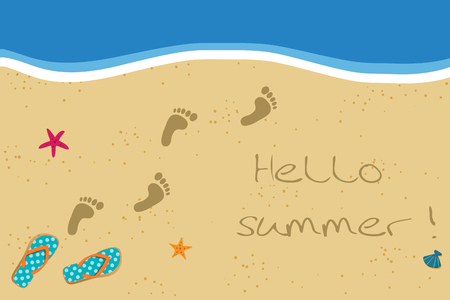 Hello Summer vacation vector illustration with pair of flip flops and human barefoot foot prints on the sand going into water. Sandy sea shore with footprints and shells.のイラスト素材