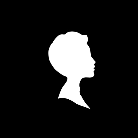 White profile silhouette of young boy or man head, face profile, vignette. Hand drawn vector illustration, isolated on black background. Design for invitation, greeting card, vintage style.のイラスト素材