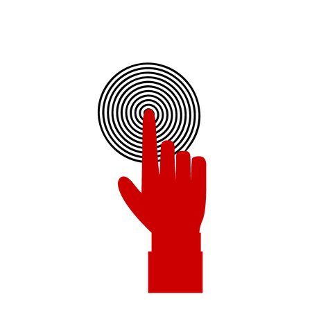 Vector illustration of index finger pointing to the target, business concept, red hand with index finger touching or pushing black target aim or pressing a button on white background. Palm silhouette.のイラスト素材