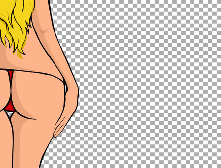 Pretty young sexy blonde woman bottom and erotic back in red bikini isolated on transparent background with empty copy space for text. Beautiful naked girl vector clip art for design.のイラスト素材