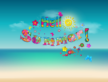 Hello summer vector cartoon lettering typography with cute elements as sun, birds, bright floral pattern on sea beach and cloudy sky background. Calligraphy postcard or poster graphic design element.のイラスト素材