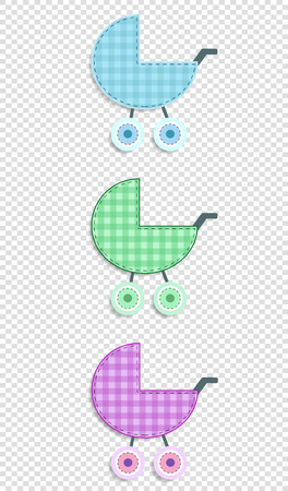 Vector set of cute baby clip art elements for scrapbook or baby shower greeting card and kids design. Cut out fabric or paper plaid stickers of green, blue and pink stroller on transparent background.のイラスト素材