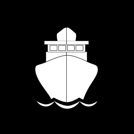 Vector black and white monochrome silhouette illustration of sailing ship front view icon isolated on black background.のイラスト素材