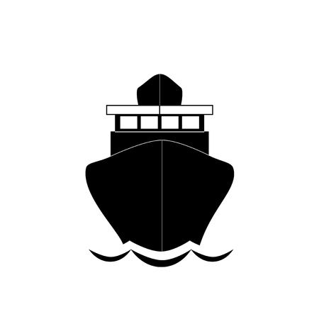 Vector black and white monochrome silhouette illustration of sailing ship front view icon isolated on white background.のイラスト素材