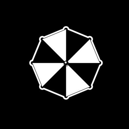 Vector black and white silhouette illustration of beach striped umbrella top view icon isolated on black background.のイラスト素材