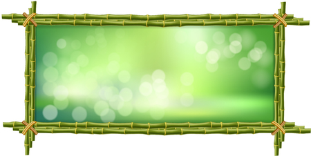 Rectangle vector template of green bamboo sticks border frame, shiny blurred bokeh background and soft white circles. Abstract concept of tropical banner, poster, signboard with empty copy space.のイラスト素材