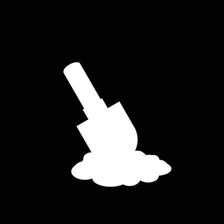 White silhouette of shovel icon in the soil isolated on black background . Spade vector pictogram illustration, sign, template, clip art for design.のイラスト素材