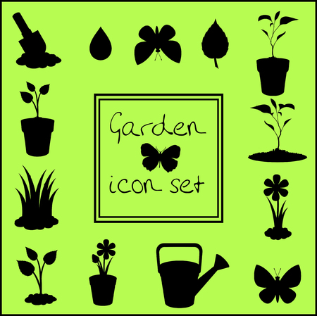 Black silhouettes of garden icons set isolated on green background . Vector illustrations, icons, signs, templates for design.のイラスト素材