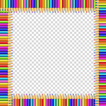 Vector square border made of multicolored wooden pencils isolated on transparent background. Back to school framework bordering template concept or photo frame with empty copy space for text or image.のイラスト素材