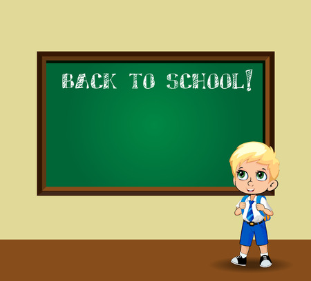 Cute blonde school boy with big green anime eyes wearing uniform with backpack standing near blackboard with chalky inscription back to school and copy space on classroom background. Vector character.のイラスト素材