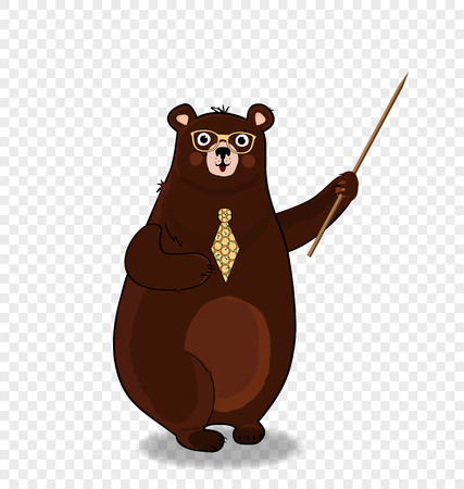 Vector illustration of cute cartoon bear teacher character in glasses and tie holding pointer isolated on transparent background. Back to school or teacher s day presentation concept clip art.のイラスト素材