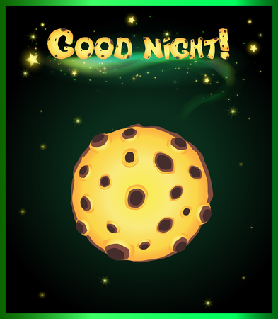 Vector cartoon illustration of yellow full moon on dark sky with glowing stars background with good night inscription above. Wishing of sweet dreams to friend or love. Poster, wallpaper, greeting cardのイラスト素材