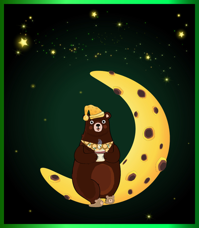 Vector illustration of kawaii cartoon bear character in sleeping hat and slippers, holding cup with drink sitting on moon on night sky background with glowing starsのイラスト素材