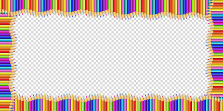 Vector rectangle wavy border made of multicolored wooden pencils isolated on transparent background. Back to school framework bordering template concept or photo frame with empty copy space for textのイラスト素材