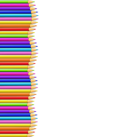 Colored pencils left side line in shape of wave, multicolored border frame with empty copy space for text isolated on white background. Creative back to school, teachers day template, backdrop.のイラスト素材