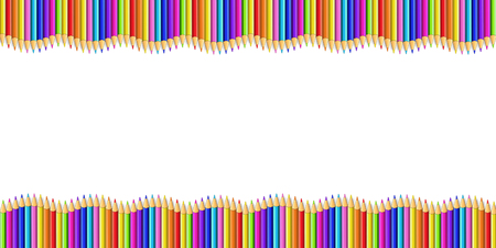 Vector double wavy border made of colored wooden pencils row isolated on white background. Back to school framework bordering template concept or photo frame with empty copy space for textのイラスト素材