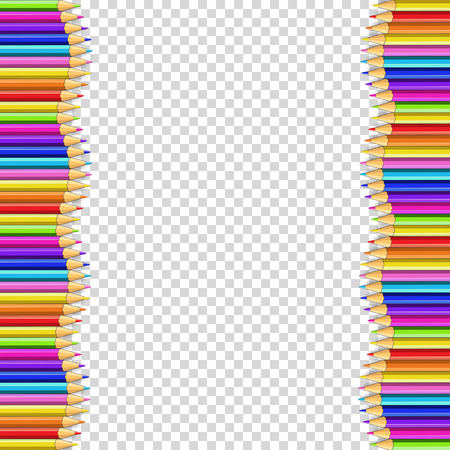 Vector border frame made of colored wooden pencils isolated on transparent background. Kids framework bordering template concept, banner, poster with empty copy space for text.のイラスト素材