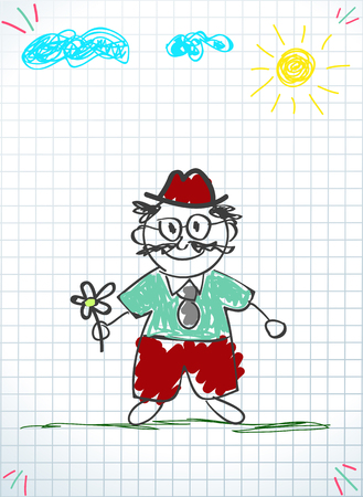 Children colorful hand drawn doodle vector illustration of grandfather holding flower and sun with clouds on graphing squared notebook sheet. Grandparents day postcard template with copy space.のイラスト素材