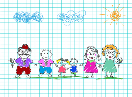 Kids drawings of happy family. Colored pencil hand drawn vector illustration of mom, dad, grandparents and kids holding hands together on squared notebook sheet background. Characters for postcard.のイラスト素材