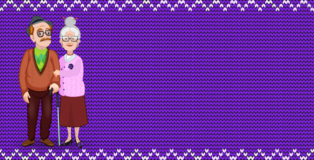 Vector cartoon loving elderly couple on purple fabric knitting background with wavy ornament. Happy grandparents day greeting card template, banner for grandmother and grandfather with copy space.のイラスト素材