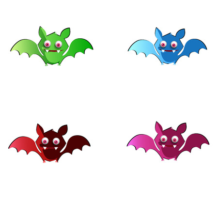 Set of cute funny multi colored smiling bats. Green, blue, purple and red bat characters on white background. Halloween digital design elements, clip art, icons, template for greeting cardのイラスト素材