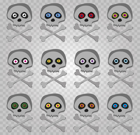 Vector set of cartoon skeleton sculls with multi colored random eyes isolated on transparent background. Halloween collection of icons, clip art, digital design elements, pirate symbols, signs.のイラスト素材