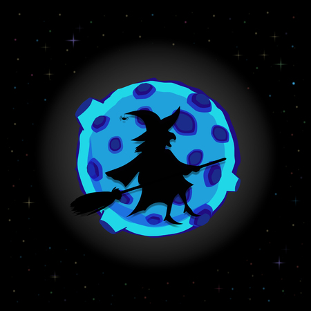 Black silhouette of old spooky witch on broomstick flying on night sky background with full blue moon and twinkle stars. Halloween vector cartoon illustration, greeting card, invitation, flyer, banner.のイラスト素材