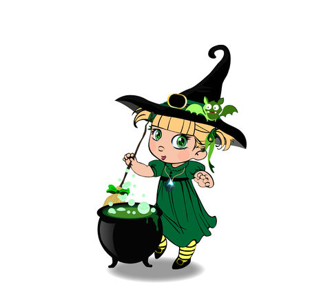 Vector cartoon illustration of little blonde baby witch girl in green dress and cute bat on her hat stir boiling potion with broomstick in cauldron on white background. Halloween clip art characterのイラスト素材
