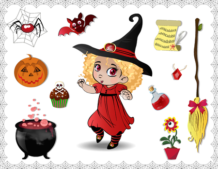 Red halloween cartoon set of various objects for witches and cute little witch girl in costume and hat isolated on white background. Vector icons, clip art, elements for game or character creation.のイラスト素材