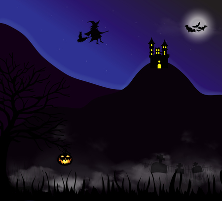 Halloween night background with dark trees, pumpkin jack o lantern, scary fog, cemetery, spooky castle on the hill and silhouette of witch flying on broomstick shape on full moon.のイラスト素材
