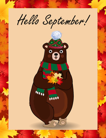 Cartoon character illustration of cute bear in green knitted scarf and hat holding maple leaves bouquet in paws framed with colored autumn border frame. Hello september typography design card.のイラスト素材