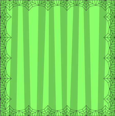 Striped green square background with cute vertical stripes framed with spider cobweb. Vector background, flyer, Halloween invitation or greeting card template with empty copy space for text.のイラスト素材