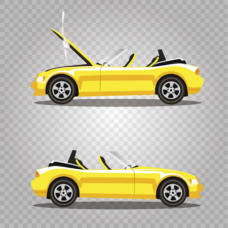 Vector set of broken yellow luxury cabriolet sport cartoon car with opened hood covered with smoke. Car crash before and after. Clip art illustration isolated on transparent background.のイラスト素材