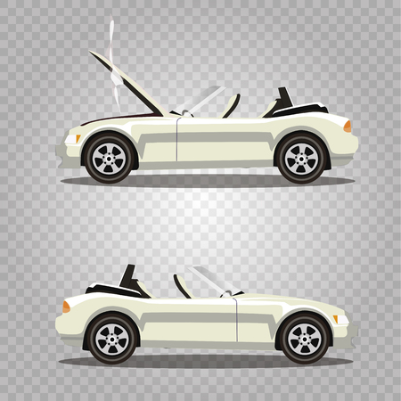 Vector set of broken white luxury cabriolet sport cartoon car with opened hood covered with smoke. Car crash before and after. Clip art illustration isolated on transparent background.のイラスト素材